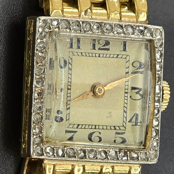 Vintage 18k Gold Womens Square Diamond Watch with Safety Chain HS173 - Picture 5 of 15